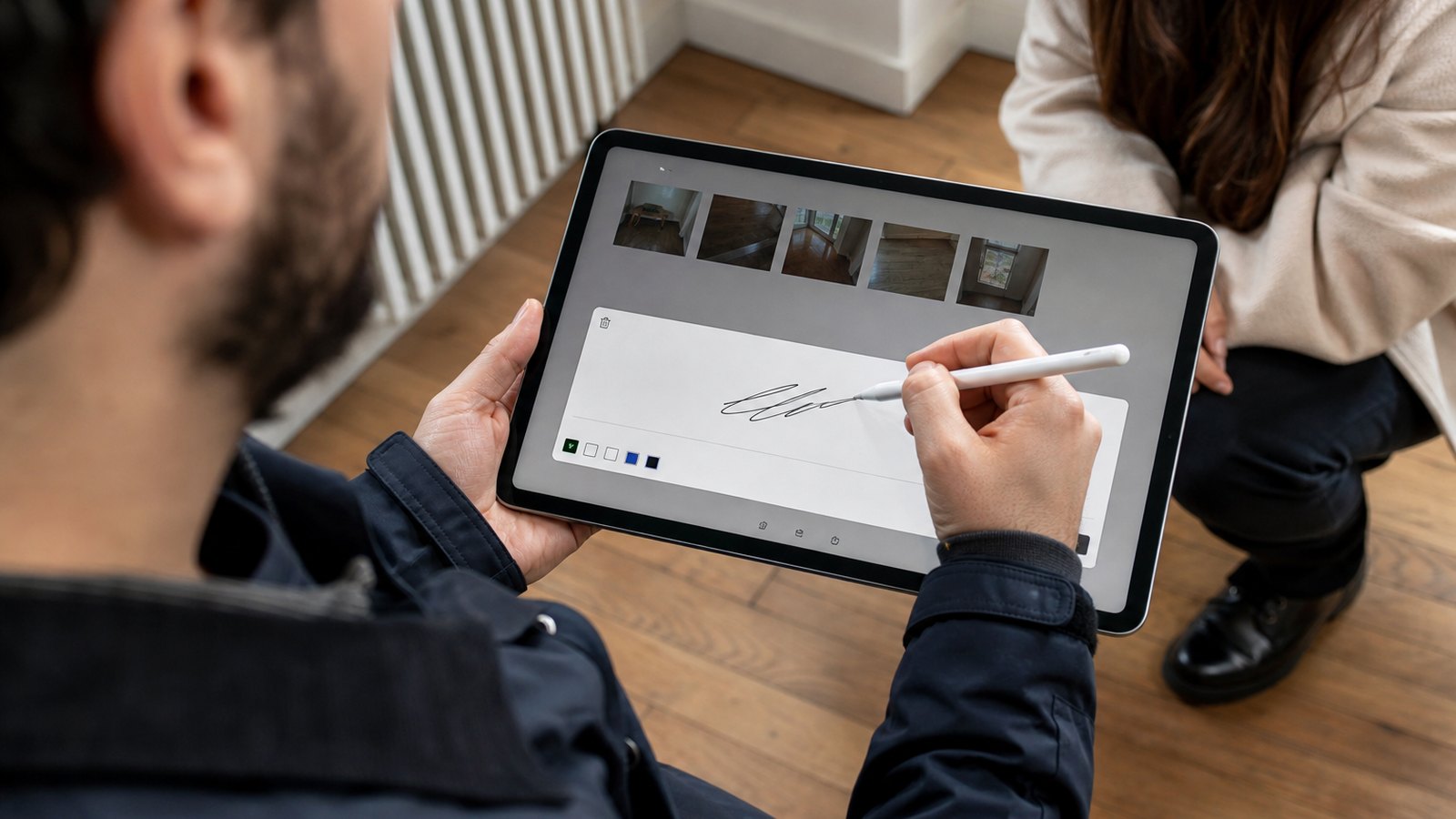 Signature d'un document sur l'écran d'une tablette